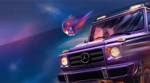 Image featuring a sleek purple Mercedes SUV speeding through space, representing the Mercedes bonus offered by Casino Kometa with a cosmic theme.