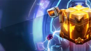 Image depicting a golden loot box surrounded by lightning effects, promoting the Casino Kometa lootbox rewards with a sci-fi theme.