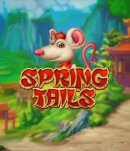 A charming illustration of a white rat dressed in traditional Chinese attire standing in a picturesque landscape with mountains. The image represents the Spring Tails Slot by Betsoft, highlighted with striking red and gold logo text.