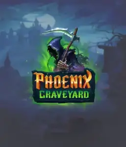 ELK Studios' Phoenix Graveyard game screen, showcasing the mystical graveyard and the legendary phoenix rising from the ashes. Displayed in this image is the slot's innovative expanding reels, enhanced by its gorgeous symbols and dark theme. The artwork conveys the game's theme of rebirth and immortality, attractive for those interested in mythology.